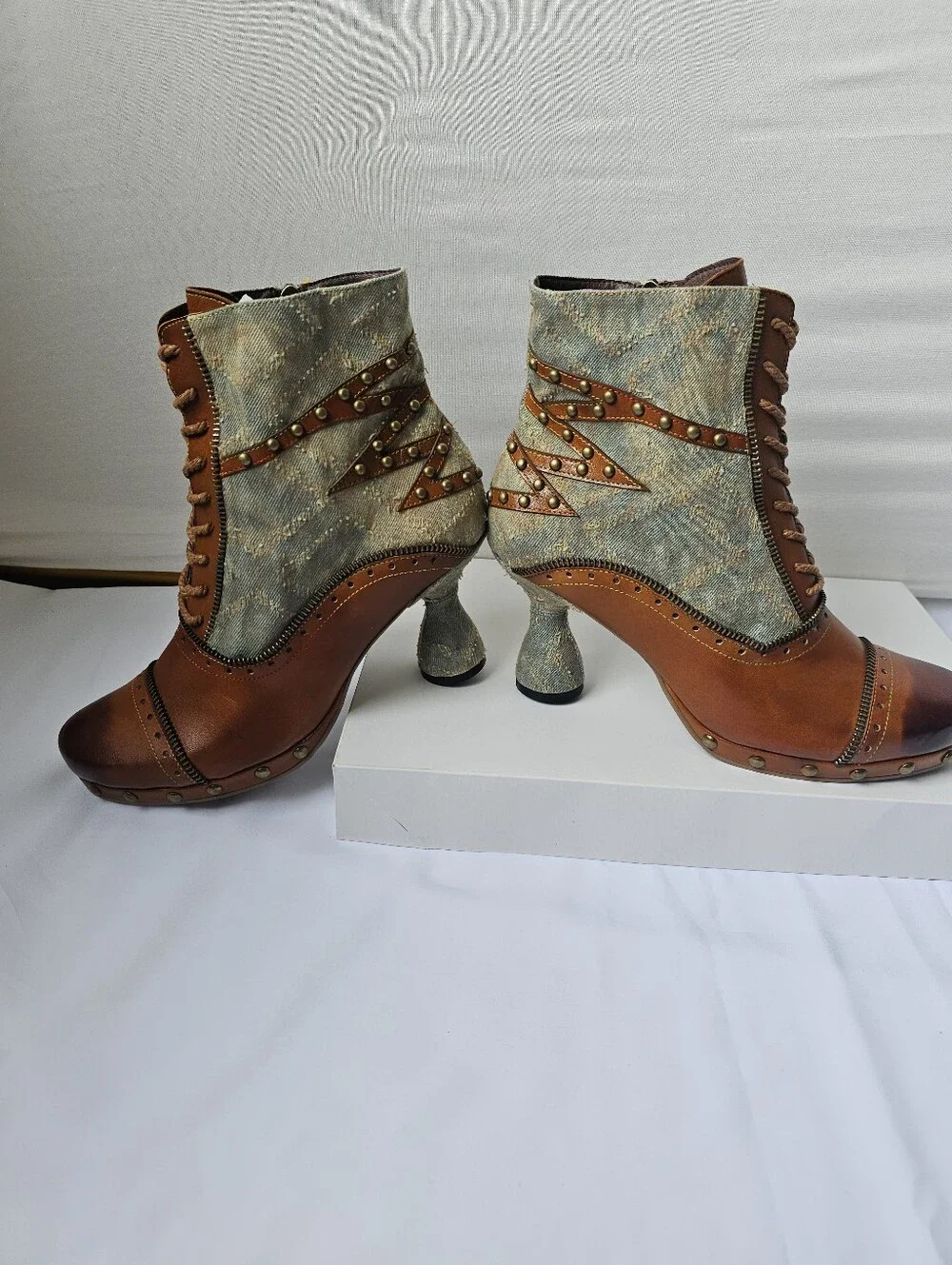 Steampunk Leather and Denim Ankle Boots with Zipper and Stud Details - Size 40